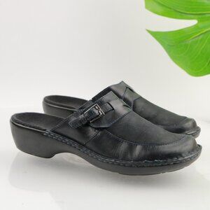 Clarks Womens Mule Size 8 Navy Leather Buckle Slip On Clogs Low Block Heel Shoes